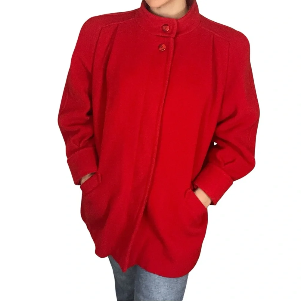 100% Wool Swing Coat Cape coat, size unknown. Vintage red stand up high collar - Picture 1 of 16